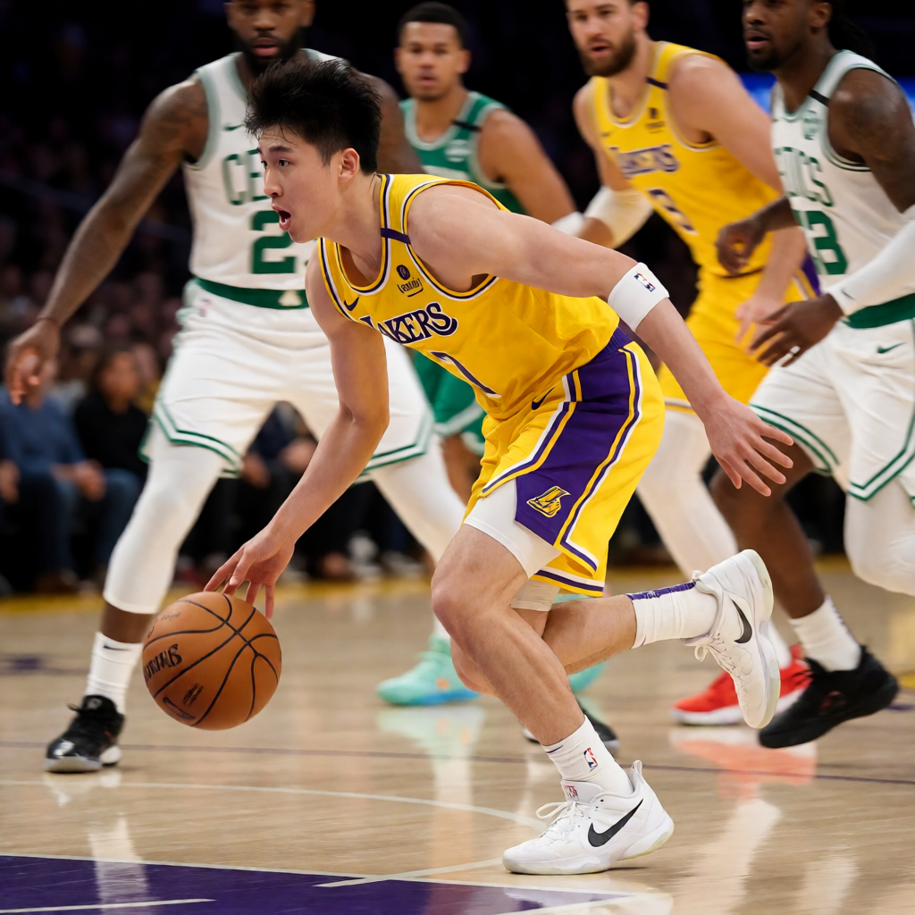 NBA湖人对阵凯尔特人的激烈对抗比赛场景