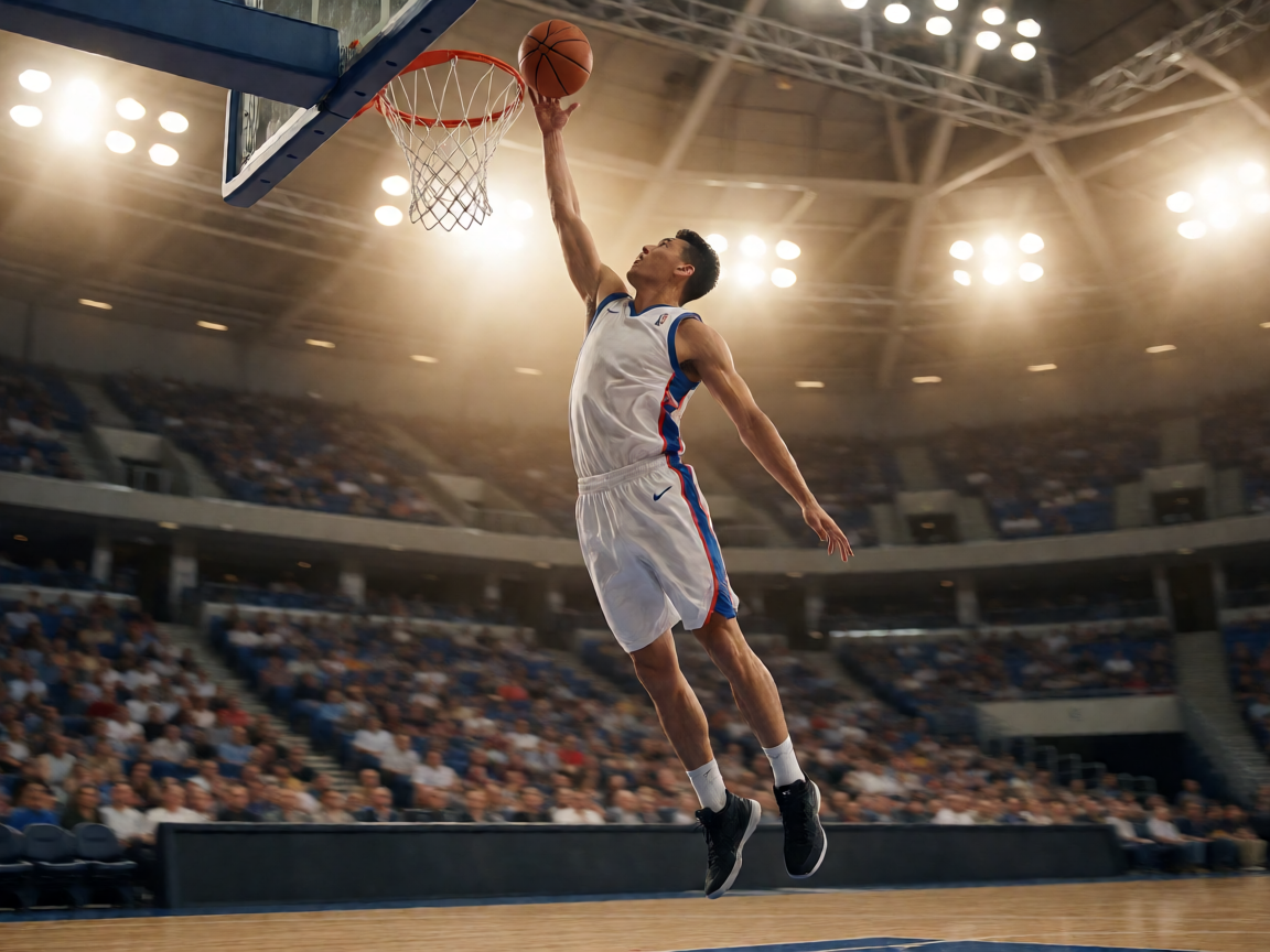 NBA篮球比赛中球员起跳扣篮的瞬间，体育馆内灯火辉煌