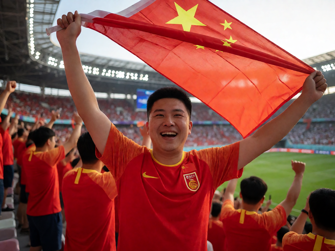 球迷在看台上挥舞旗帜庆祝进球，热情洋溢的赛场氛围